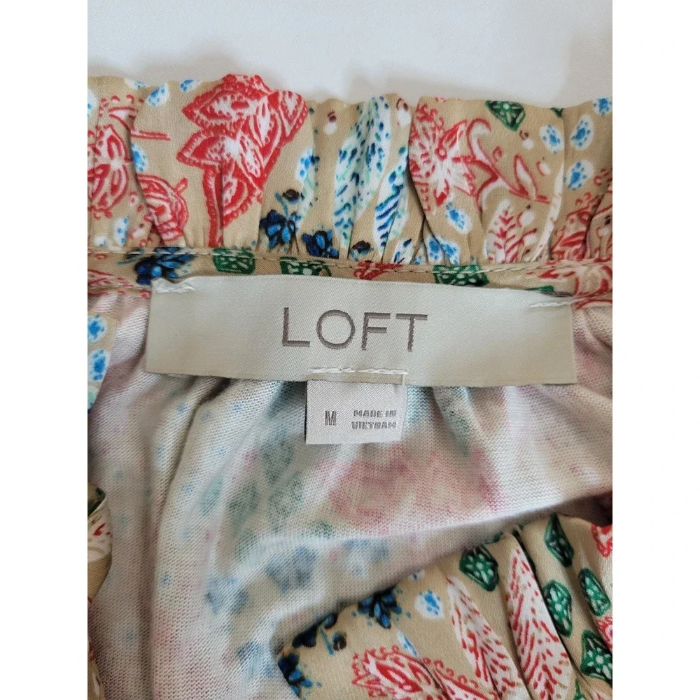 Loft Pink‎ Floral Blouse With Long Puffed Ruched Sleeves Blouse Sz M